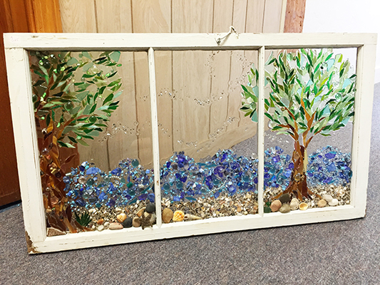window, beach, trees mosaic, shell
